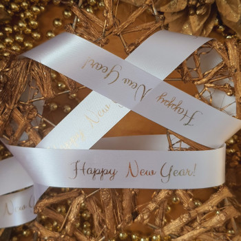 Satin ribbon white. With inscription«Happy New Year!», sb_lnng_002