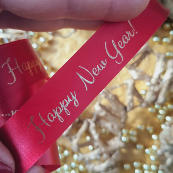 Red satin ribbon. With inscription «Happy New Year!», sk_lnng_002